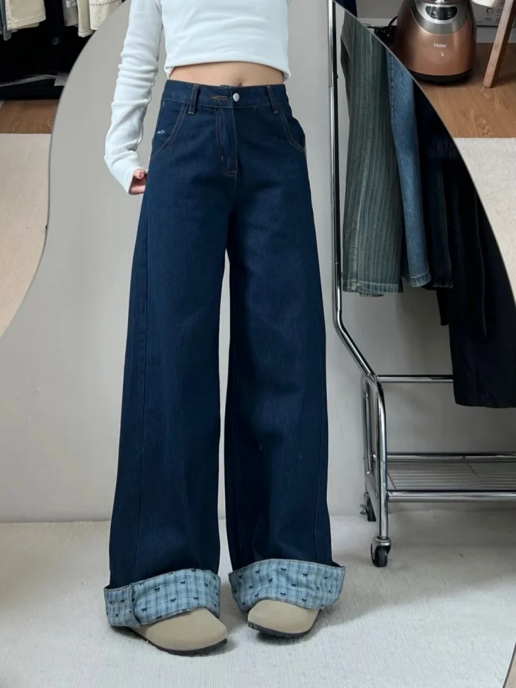 アメリカンハイストリートデザインの格子柄スプライシング、裏地付きデニムパンツ、レディース秋冬ルーズストレートワイドレッグフロアレングス...