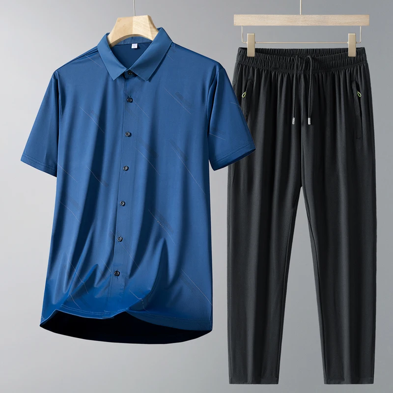 Mens Short Sleeve Silk Shirt for Middle Aged Dad Casual Business Polo Shirt Set