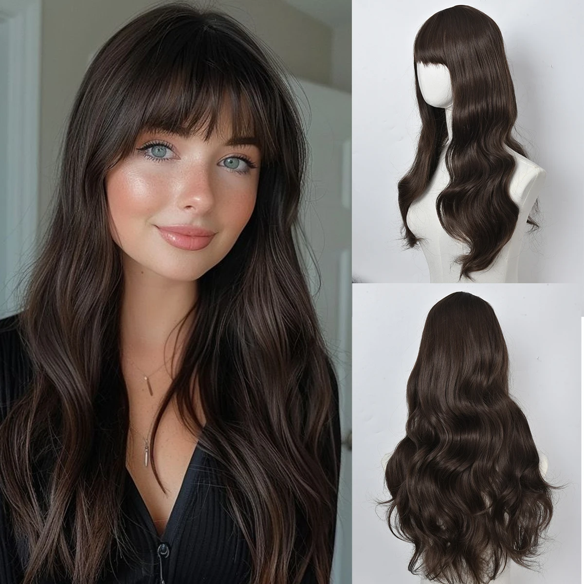 

Long curly hair synthetic natural curly neat bangs women heat-resistant wig headgear black And gold daily wear