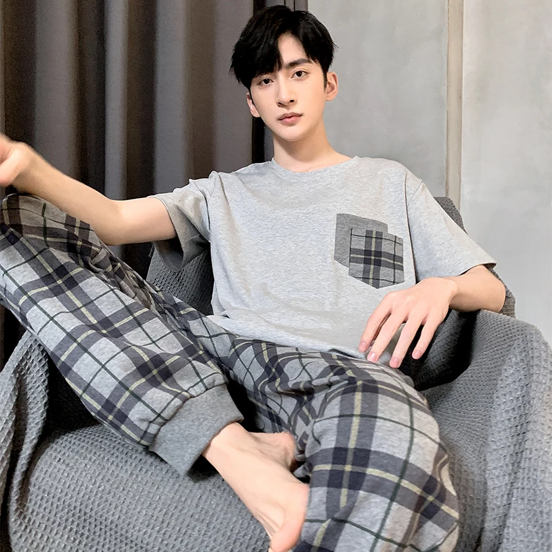 Summer cotton short-sleeved long trousers male pajamas suit big yards plaid print sleepwear men's home nightwear pijamas hombre