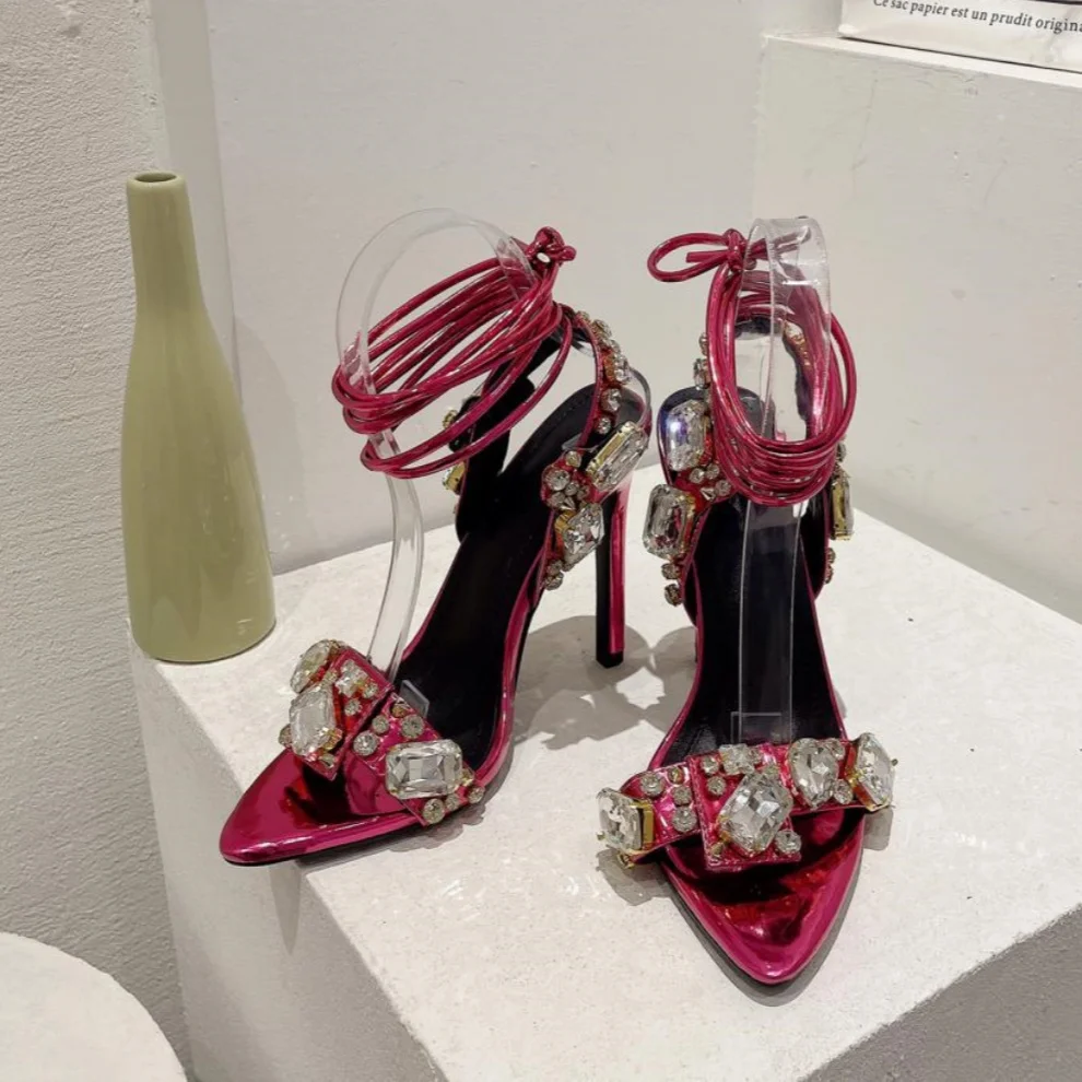 Sharp Pointed Fine Heeled Sandals Luxury High-End High Heels Advanced Banquet Style Women's Shoes Tie Up Rhinestone Design Shoes