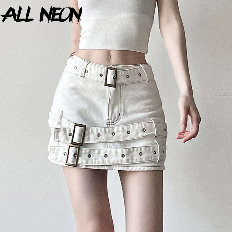 

ALLNeon Punk Grunge Belt Decor Denim Mini Skirts Cyber Y2K Low Waist Workwear Bodycon Skirt Casual Streetwear E-girl Jeans Cloth