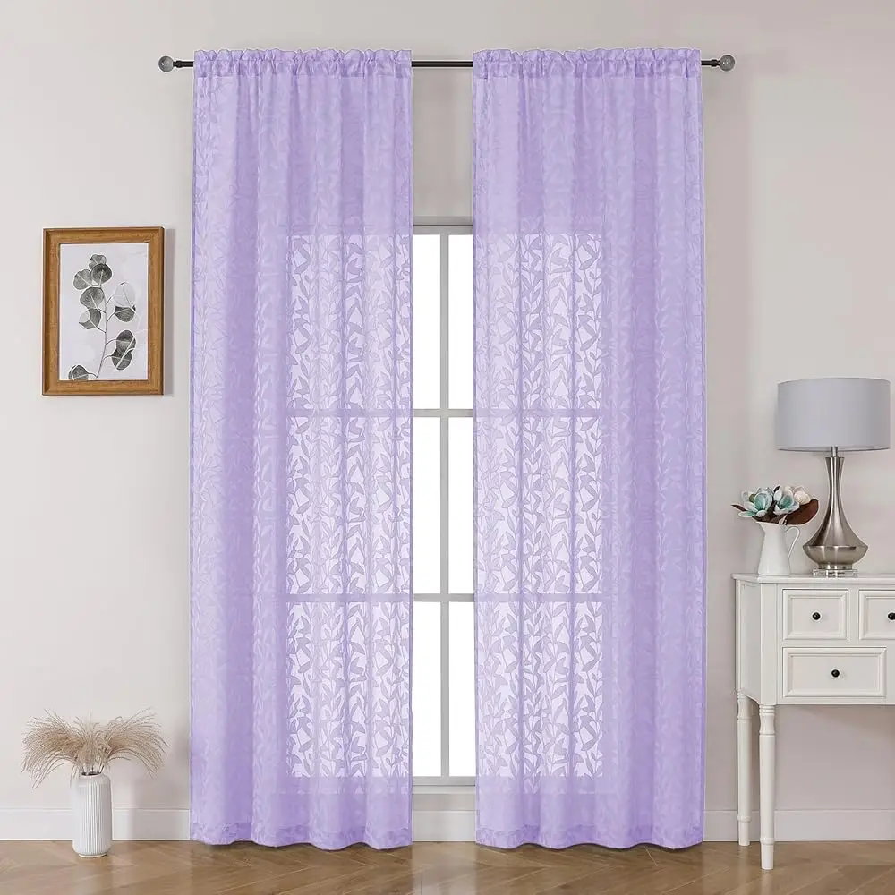 

Lilac Sheer Ains 96 H Long 2 Panels Set, Light Ing Burnout Textured Living Room Ains, Rod Pocket Farmhouse Jacquard Clip
