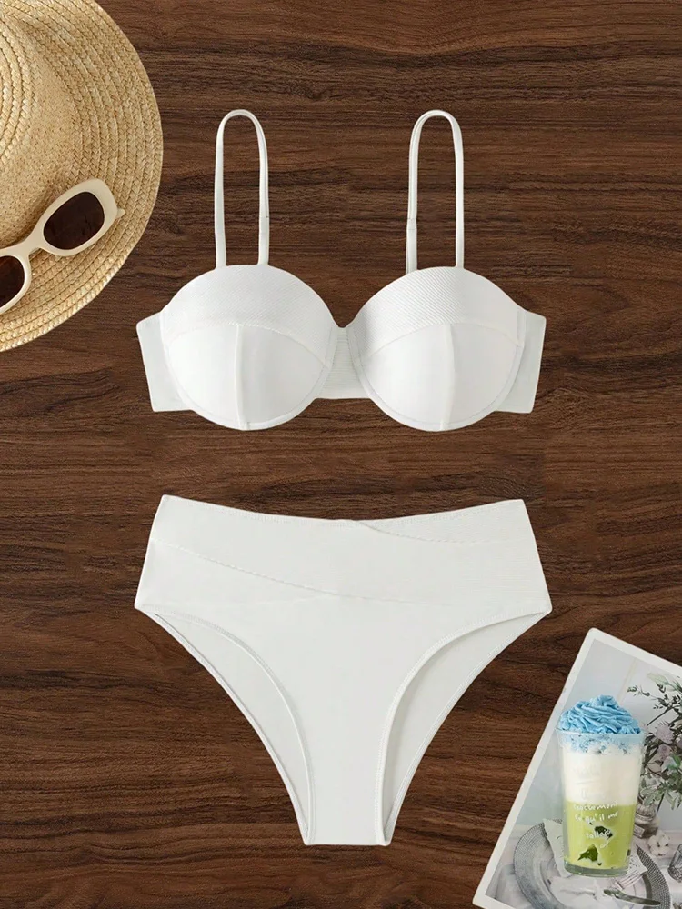 

Sexy Spaghetti Strap Bikini 2 Piece Set Women Solid Split Swimsuit High Waist Beach Bikini 2025 New Summer Swimwear Bikinis Set