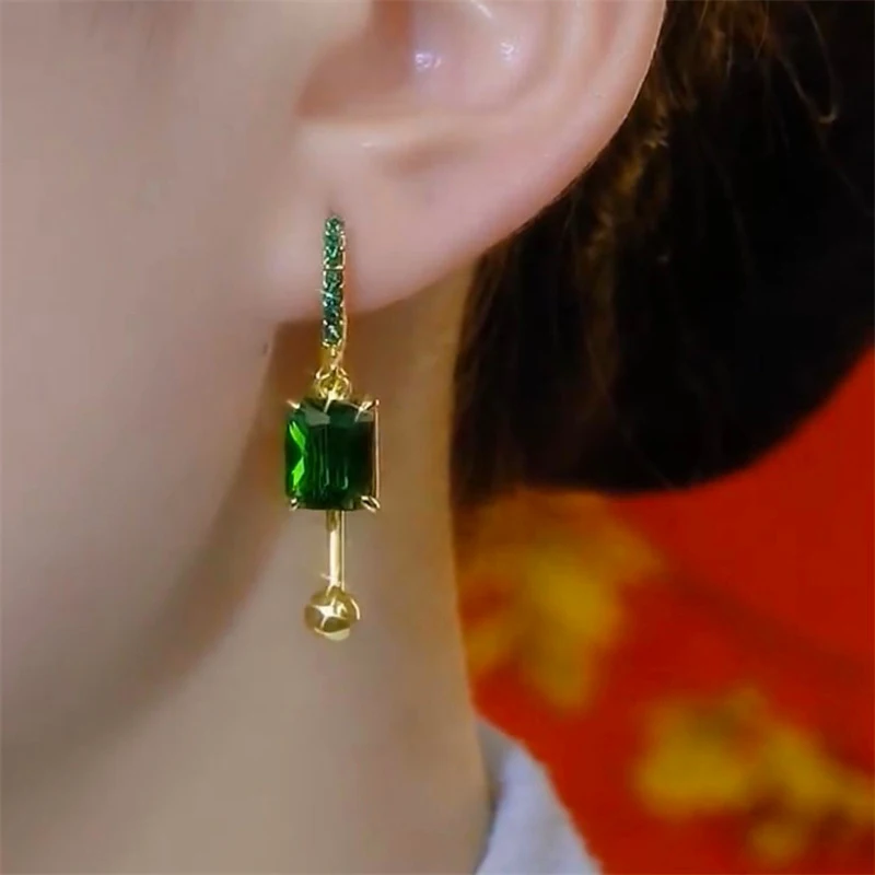 Cristal verde quadrado pingente borla redonda grânulo strass brincos para mulheres nova moda elegante temperamento meninas festa jóias