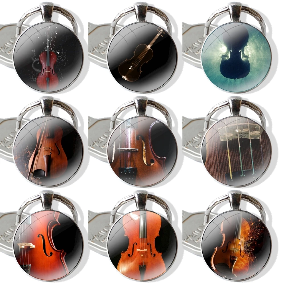 Cartoon Design Fashion Creative Violin Cello Keychain Handmade Glass Cabochon Key Ring Holder Pendant Key Chains