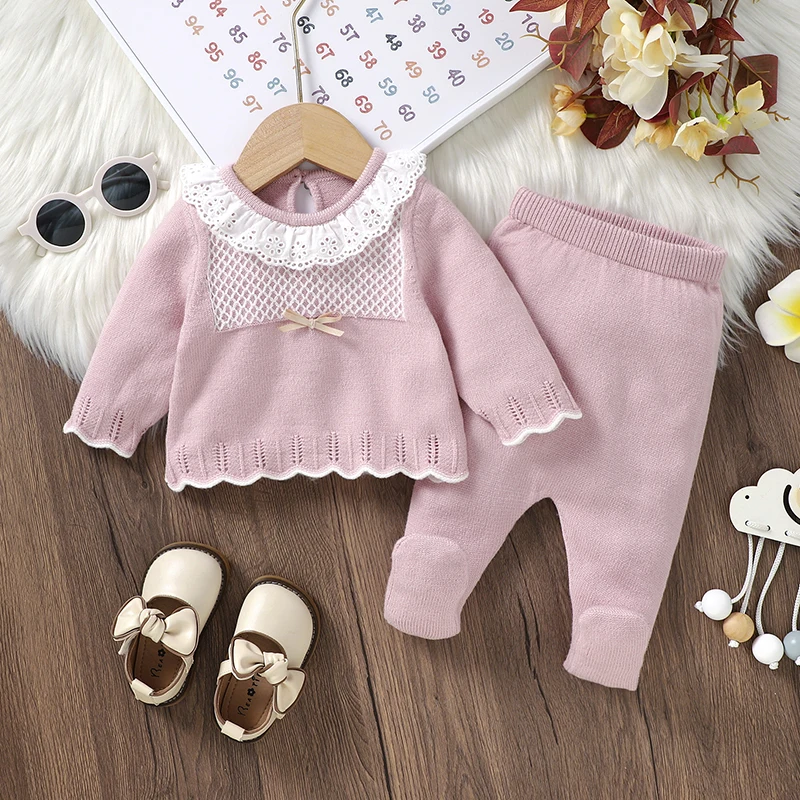 Newborn Baby Girl Clothes Sets Knitted Toddler Kid Sweater +Pants 2PC Fashion Ruffles Solid Infant Pullover +Trousers 0-9M Warm