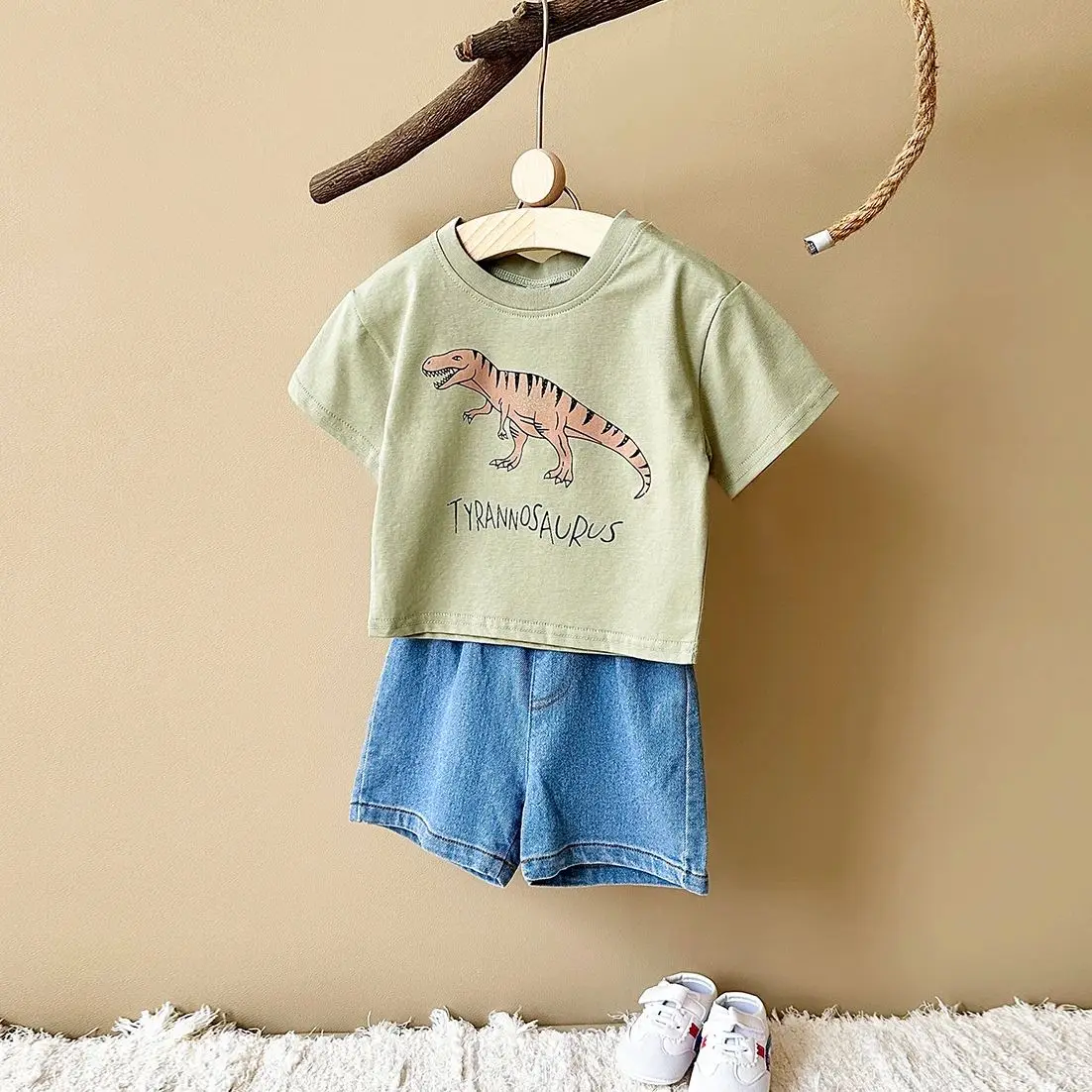 New Infant Outfit Newborn Baby Boy Clothing Summer Set Cartoon Dinosaur Print Cotton T-shirt Denim Shorts Girl Clothes 0-3 Years