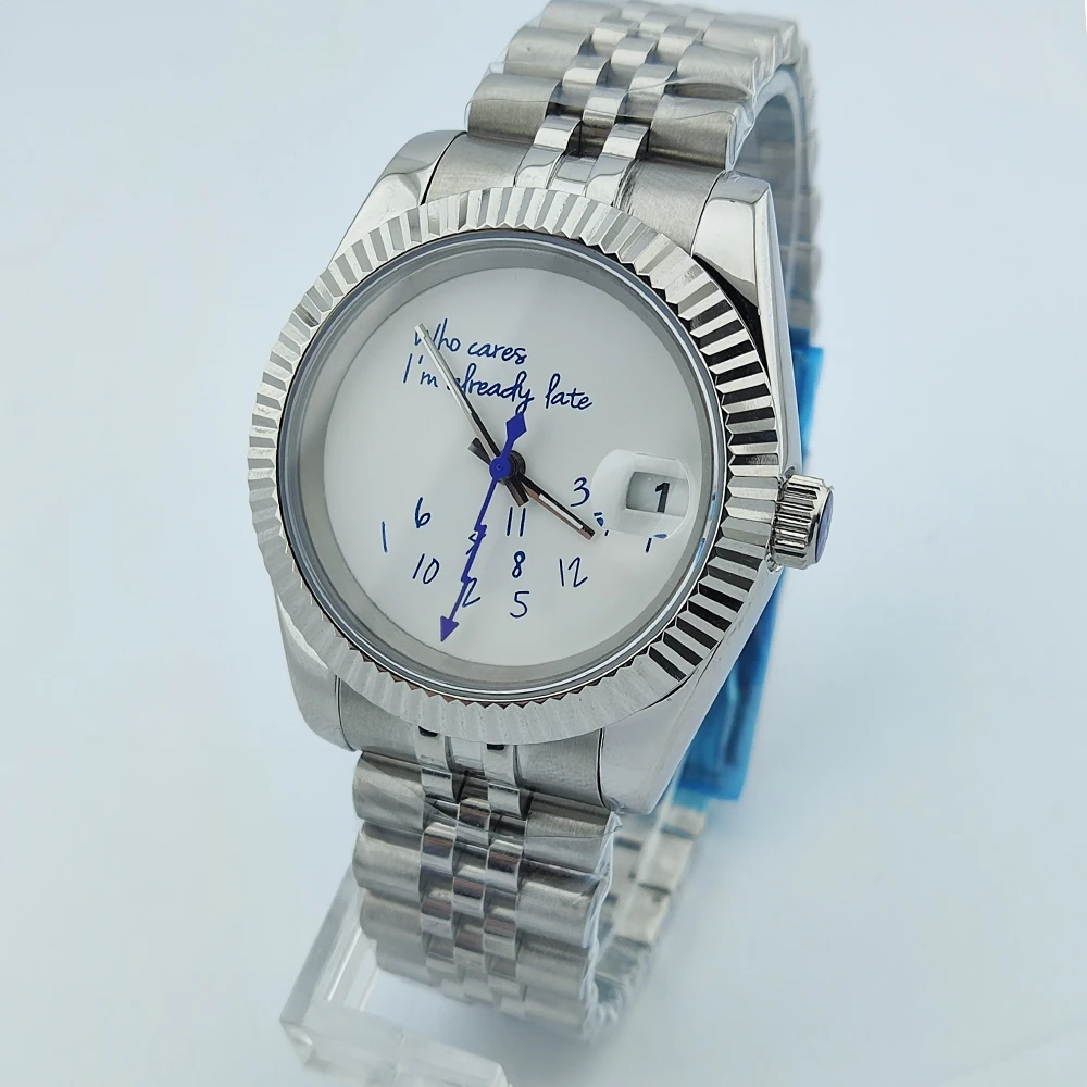 39mm/36mm NH35 Watch Who cares im already late Watch No Logo Blue Dial Sapphire Crystal Glass NH35 Automatic Movement