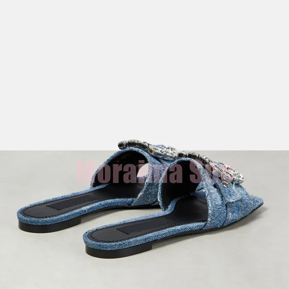 Crystal Embellished Denim Slippers Square Toe Flat With Fashion Women's Summer Shoes Slipper Outdoor Slip On 2026 New Arrivals view 3