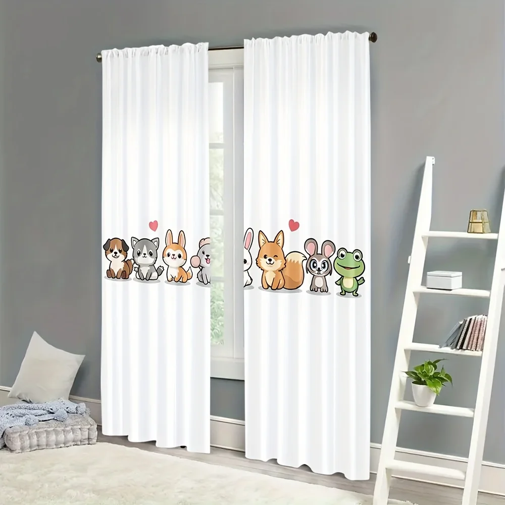 Cute Forest Animal Curtain Panels, Dog Cat Rabbit Fox Frog Heart Print Window Drapes for Kids Living Room Cozy Home Wall Decor