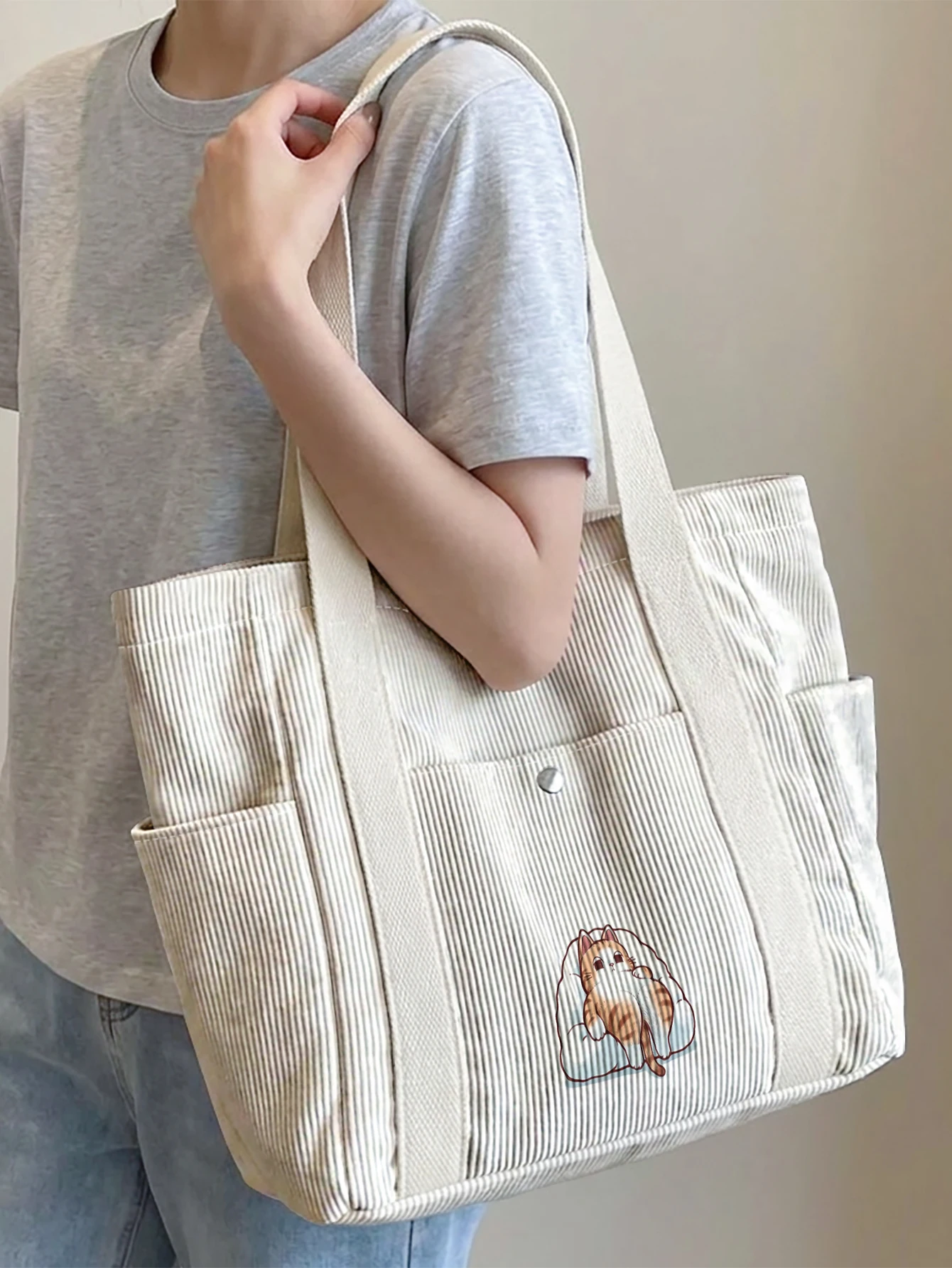Cute Orange Cat Print Tote Bag, Large Capacity With Side Pockets, For Shopping, Travel, School And Daily Commute