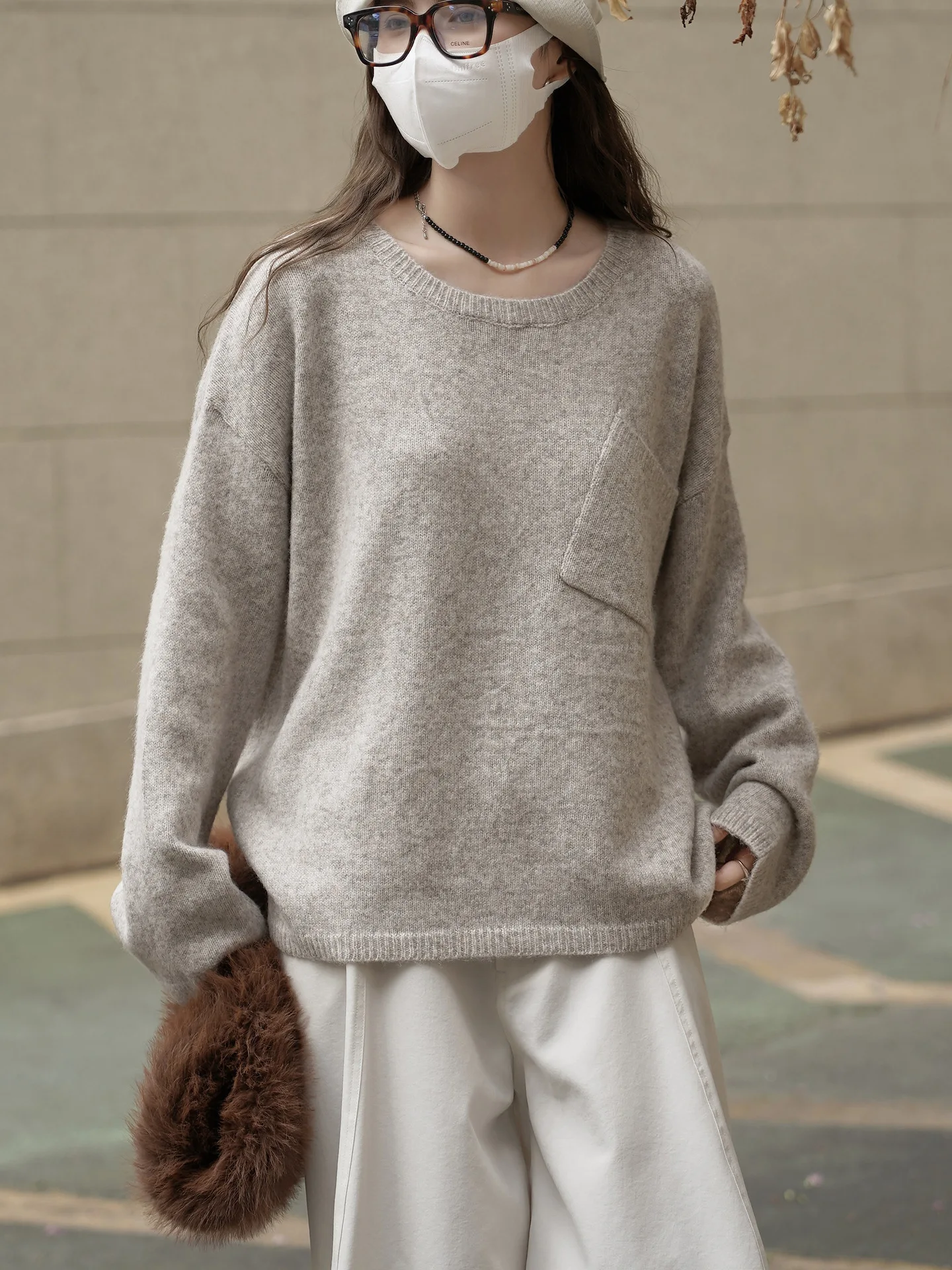 Suéter de lana corto con bolsillo de un solo lado, sencillo y perezoso, top suelto y agradable para la piel para mujer