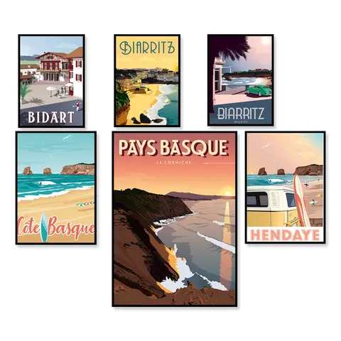 Vintage Travel Poster Eguzkilore Anglet Bidart Biarritz Basque Country Coast Sunset Ocean Surf Landscape Art Decor Wall Art