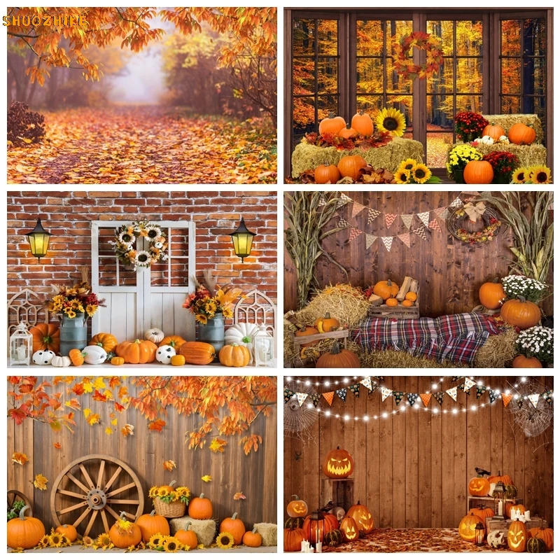 

Autumn Backdrop For Photography Bumper Harvest Pumpkins Maple Leaves Vintage Brick Wall Photocall Background Photo Studio Props