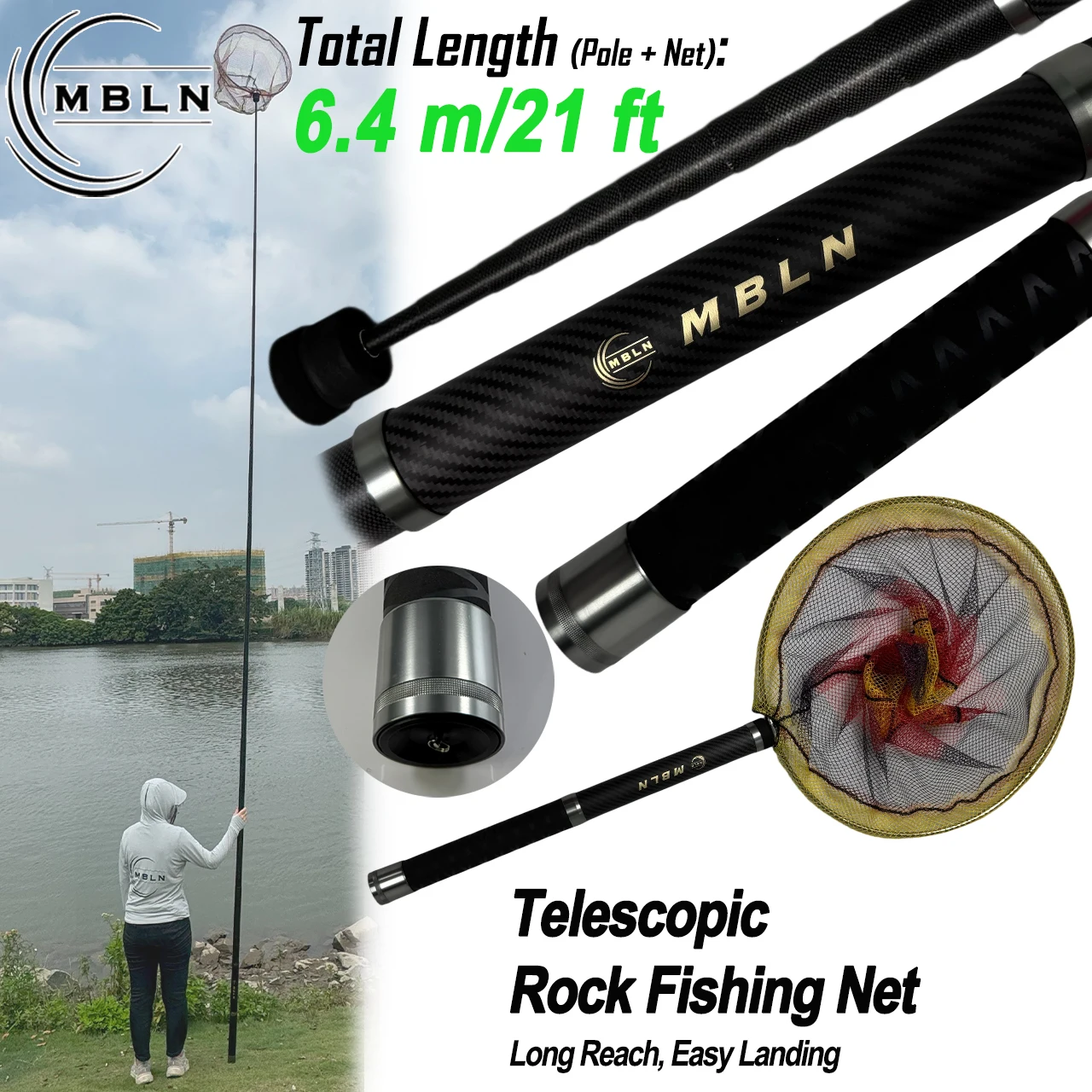 

Telescopic Landing Net Set, 5.9m Carbon Fiber Pole (56cm Folded) + 50cm Aluminum Net Head, 6.4m Total, Portable Fishing Kit