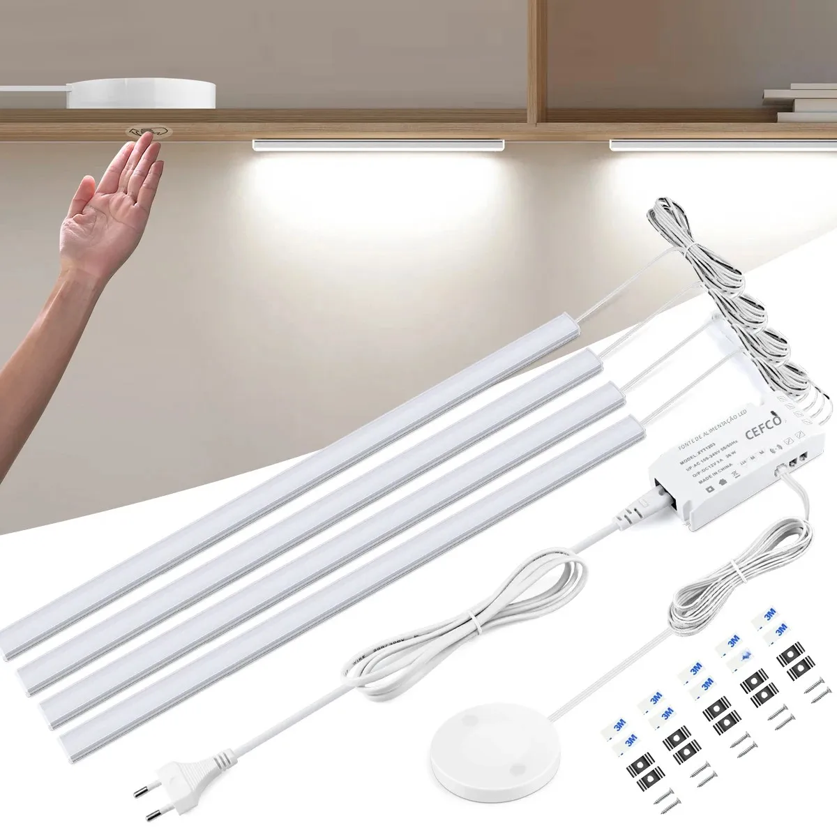 Conjunto de lâmpadas led para barra de armário, 1-6 peças, ue 220v, iluminação integrada com toque regulável/interruptor de sensor de varredura manual, placa penetraível de 25mm