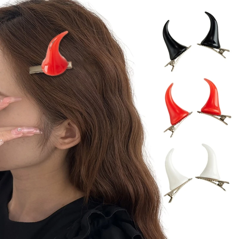 2PCS Eye Catching Bull Horn Hairpin for Women Teens Goth Style Charm Hair Clip Halloween Carnivals Party Hair Clip