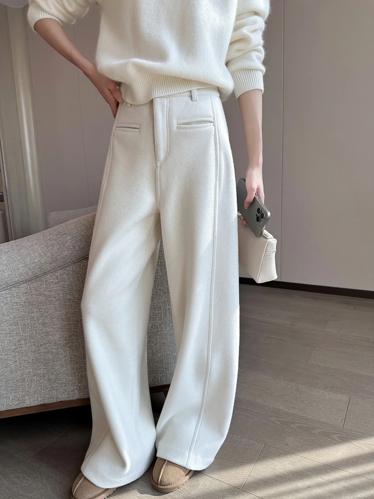 

Женские зимние брюки с высокой талией из утолщенной шерсти, прямого кроя, повседневные, новые, элегантные, длинные, белые, PIN