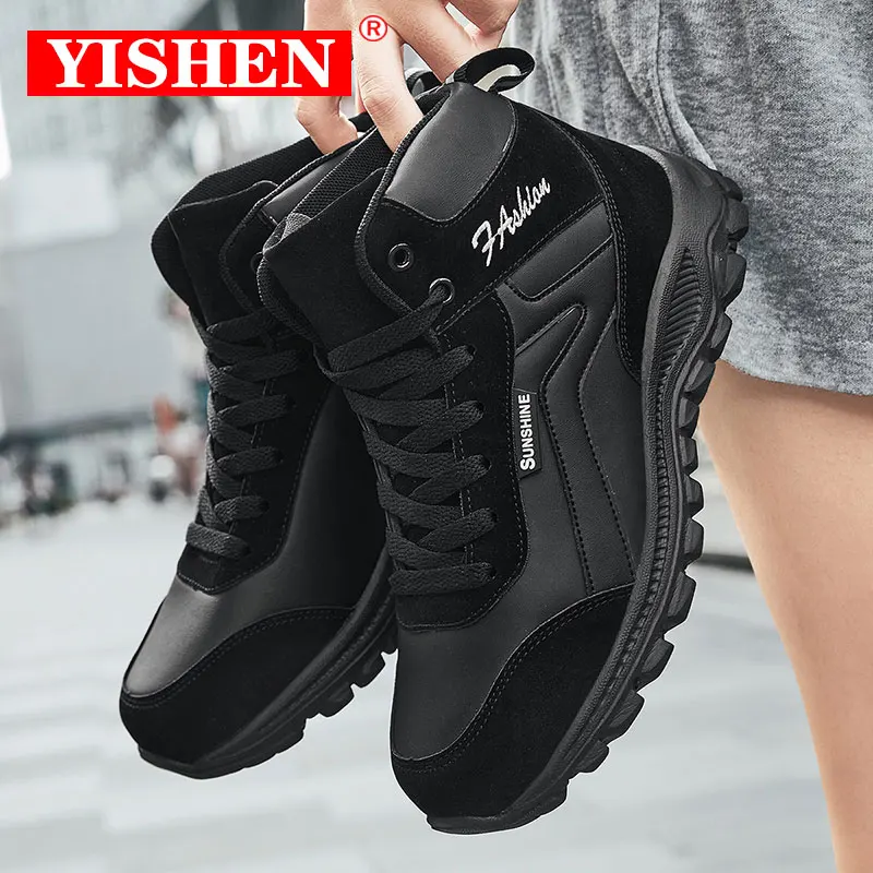 

YISHEN Women Shoes High Top Ankle Boots Height Increasing Fashion Sneakers Winter Leather Shoes Khaki Black Zapatos De Mujer