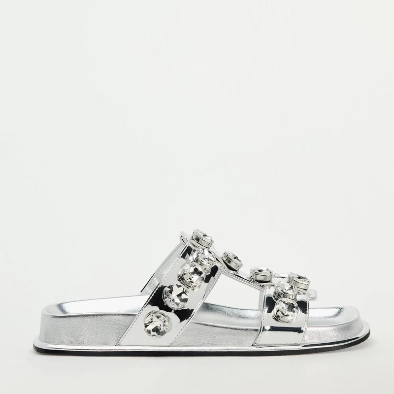 

Модные сандалии на плоской подошве. Женские шлепанцы без шнуровки на толстом каблуке. Серебристые стразы. Embellied TRF oes с круглым носком. Повседневная...