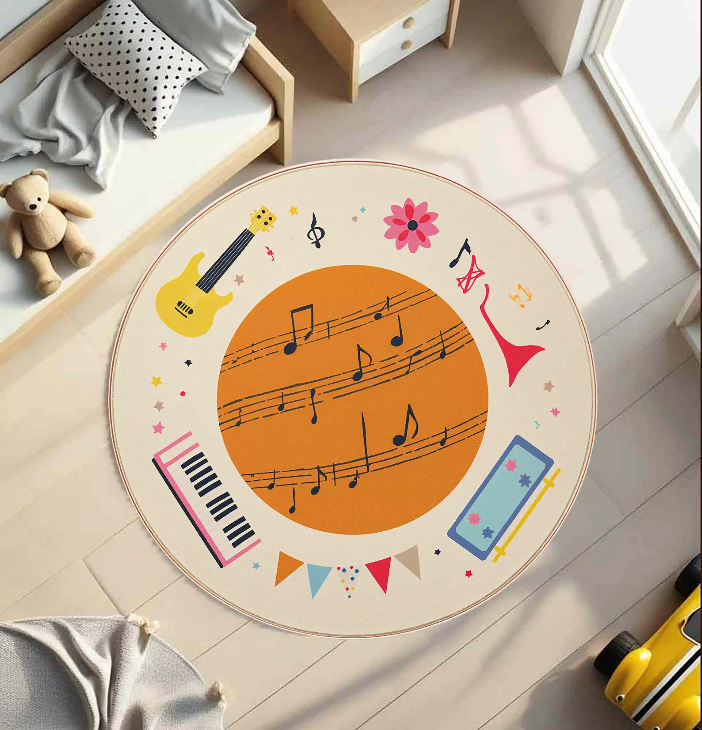 Retro Musical Note Instrument graphics Round Rug living room entryway study room bedroom bedside indoor decor Washable Rug Gift