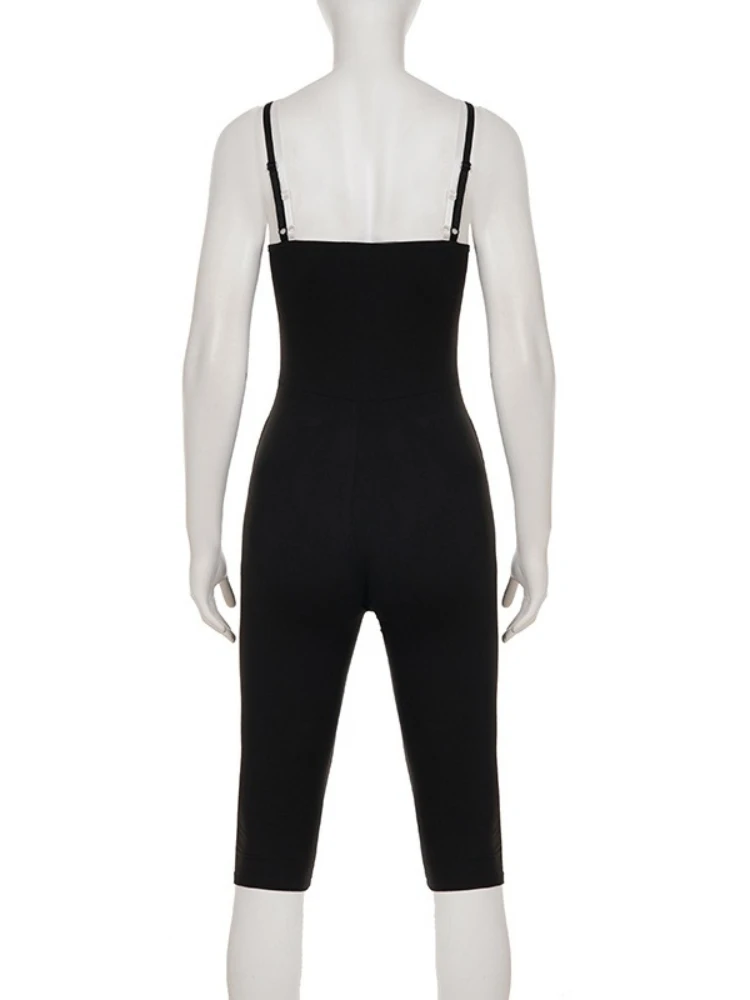 SsTss ストリートスタイル カラーブロック スパゲッティストラップ ジャンプスーツ ファッション タイアップ フロント Vネック ノースリーブ スリム カプリパンツ ワンピース ロンパース