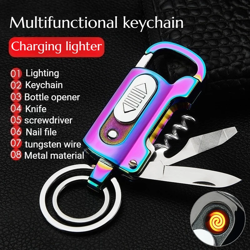 

New with Bottle Opener Nail File Keychain Multifunctional Men's Charging Lighter Personalized and Creative USB Cigarette Lighter
