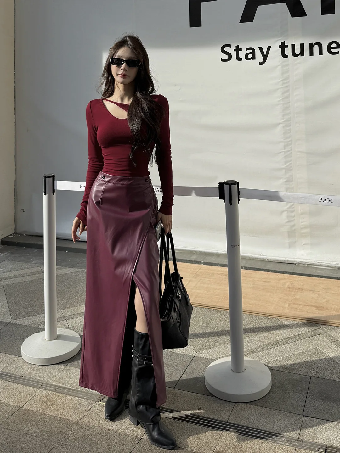 

Женская юбка из 2 предметов, красная футболка с вырезом и длинными рукавами, юбка-миди с высокой талией и асимметричным разрезом, модная осенняя офисная одежда