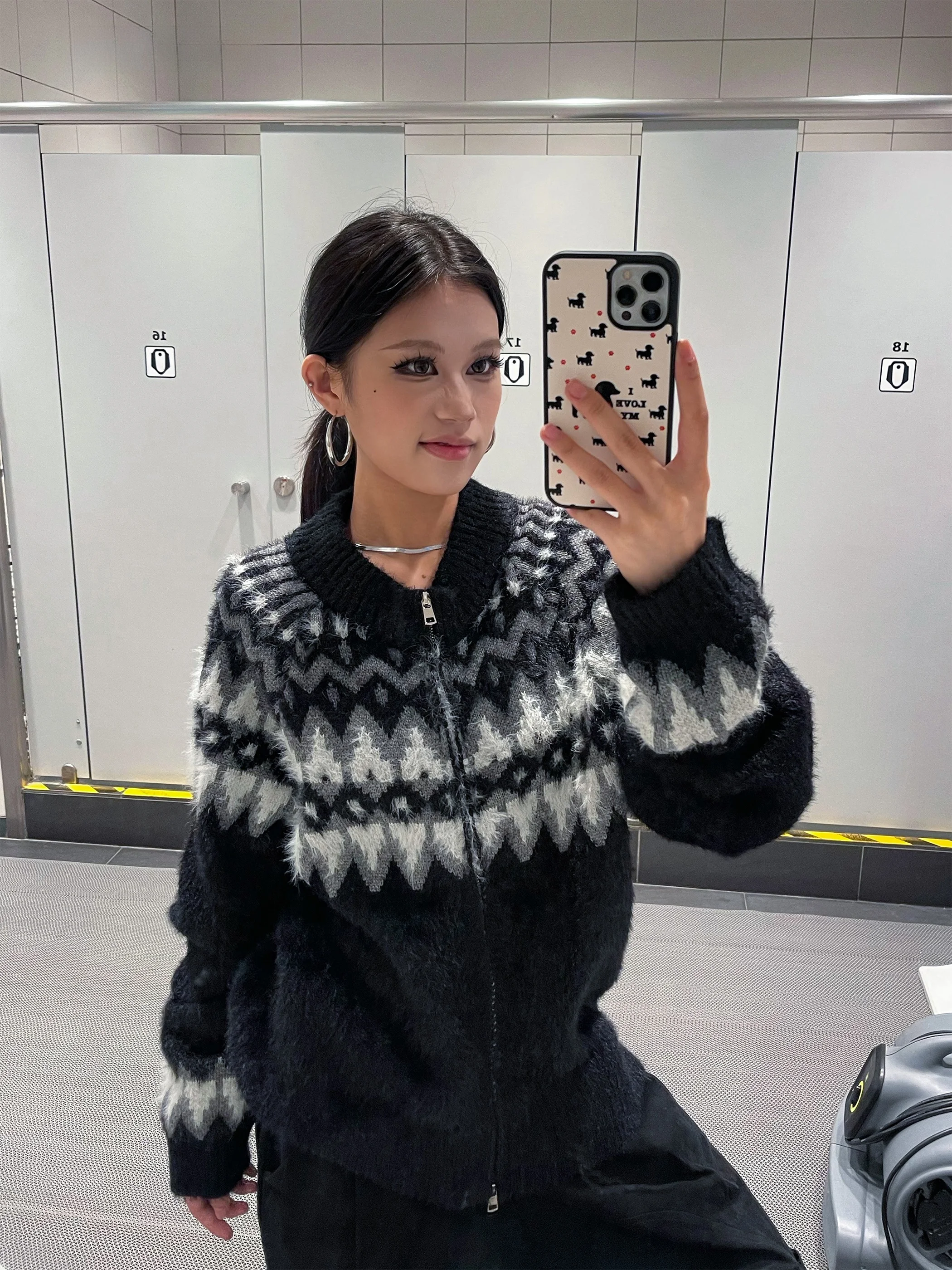 

VINMUK American Retro Fair Isle Knitted Sweater Coat Women's Spring Lazy Casual Soft Long Sve round Ne Zipper Closure