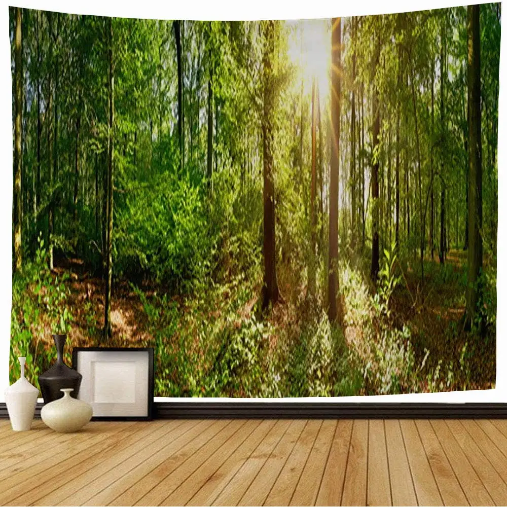 Forest Tapestry Morning Sun Rays Through Trees Summertime Countryside Scenic Wall Hanging for Bedroom Living Room Dorm Decor