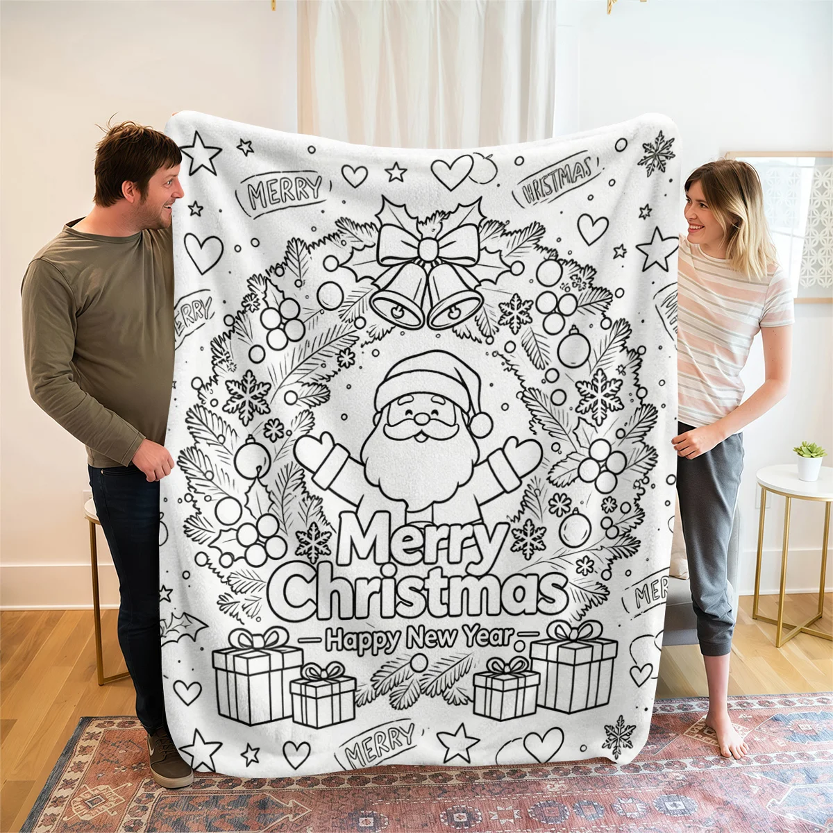 1pc 2D Flat Christmas Wreath Santa Black & White Coloring Print Blanket,Throw with Bells,Gift Boxes,Snowflakes and Pine Elements