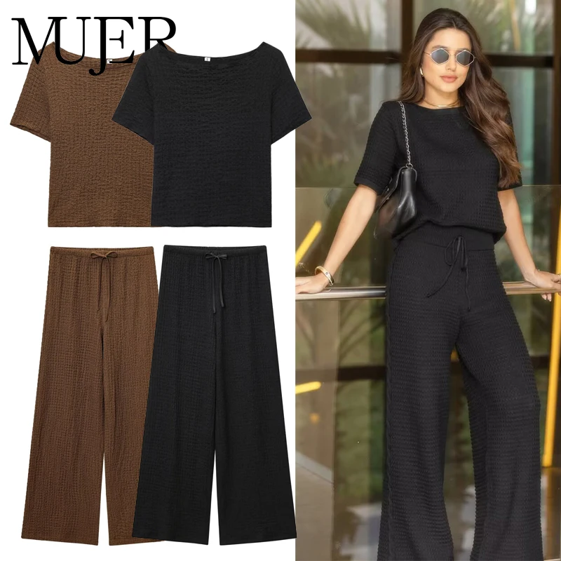 Muyer conjuntos de calças femininas verão outfit calças de perna larga conjuntos para mulher 2 peças manga curta colheita topo mulher calças de férias ternos
