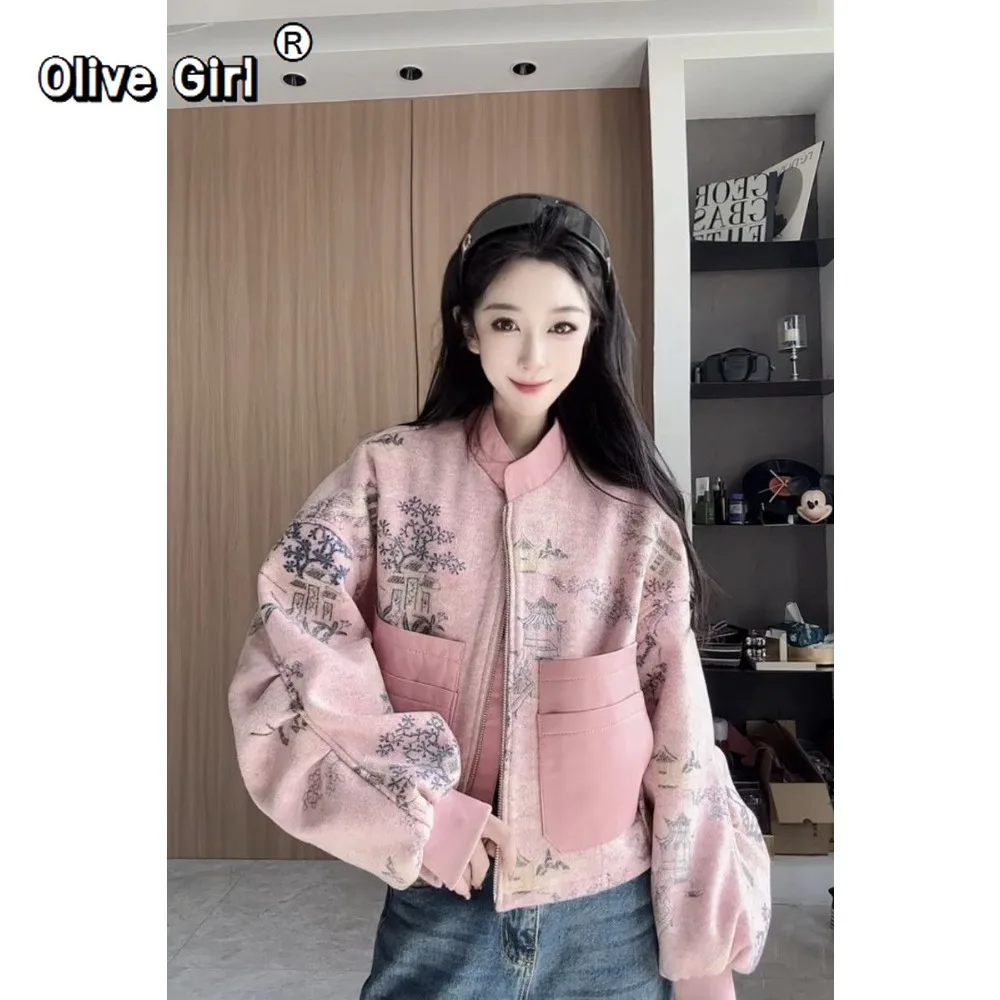 معطف نسائي من جلد البولي يوريثان للربيع والخريف، سترة بيسبول قصيرة وردية اللون مطبوعة على الجدران، ملابس صينية تقليدية #6