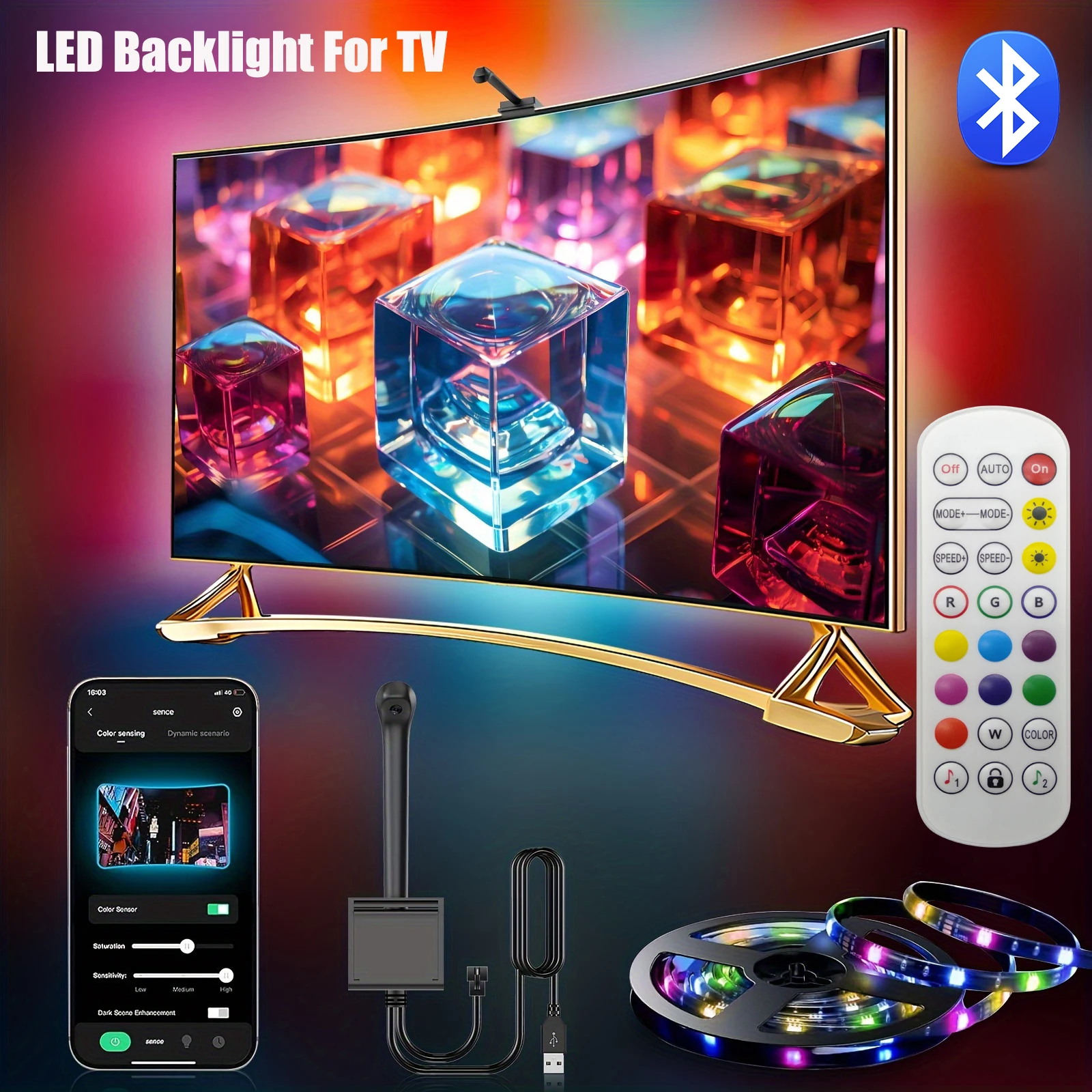 TV LED-achtergrondverlichting met AR-camera Kleurengamma-sensor RGBIC Lichte muzieksynchronisatiestrip voor 55-85 inch monitoren Lichtkoppeling Ambilight