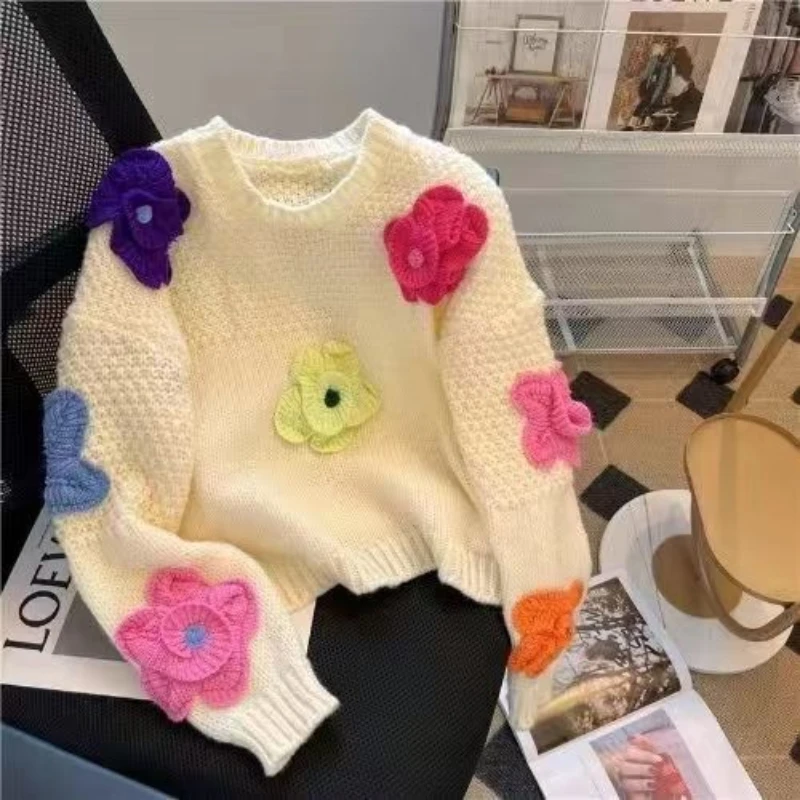 

Autumn and Winter Fashion New Women's Sweet Style Girl Cashmere Pullover Sweater Three-dimensional Flower Loose Sweater Jumper