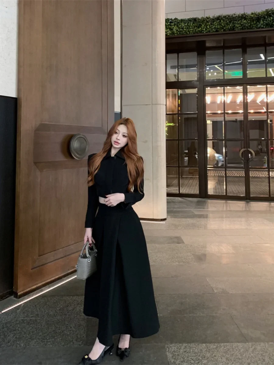 UNXX~ Chic Blue Lapel Coat Top for Women Female Office Lady: Autumn New High-waisted A-line Skirt Two-piece Set Fashion Elegant