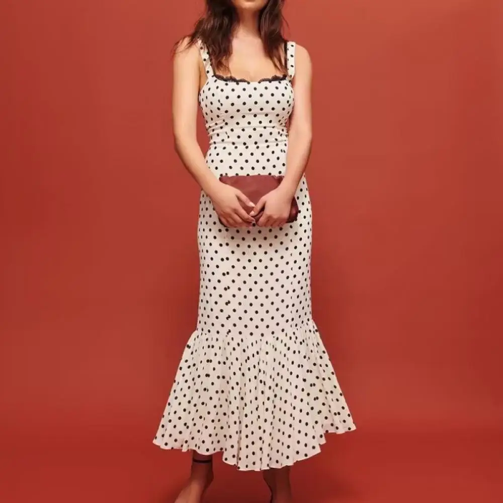 

Vintage Polka Dot Print Lace Slash Collar Dress Double Spaghetti Strap Dress Sexy Ruffles Hem Robes Lady Beach Holiday Wear