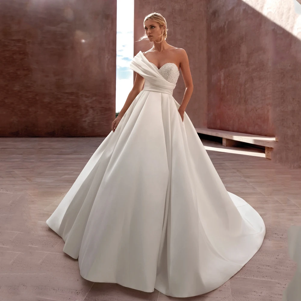 

Elegant One Shoulder Wedding Dresses Sweetheart Neck Bridal Gowns Beads Back Button Floor Length A-Line Satin Vestidos De Novia