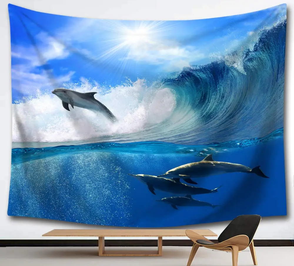 Ocean Dolphin Tapestry Underwater World Tapestry Marine Life Tapestry Wall Hanging Decor Kids Bedroom Dorm Living Room Tapestry