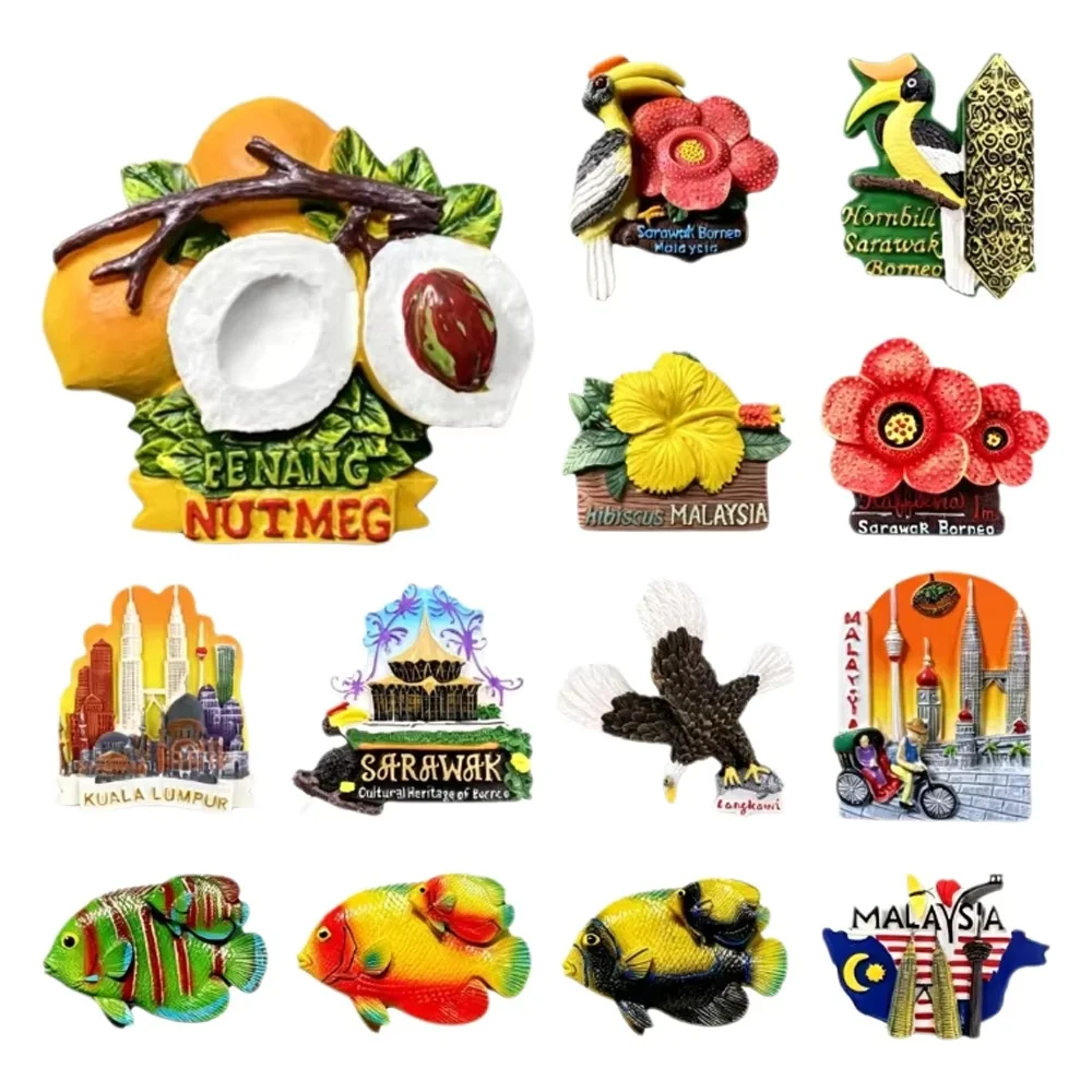 3D Malaysia Fridge Magnets, Kuala Lumpur Sarawak Hornbill Resin Refrigerator Stickers, Travel Souvenir Home Decor Gift