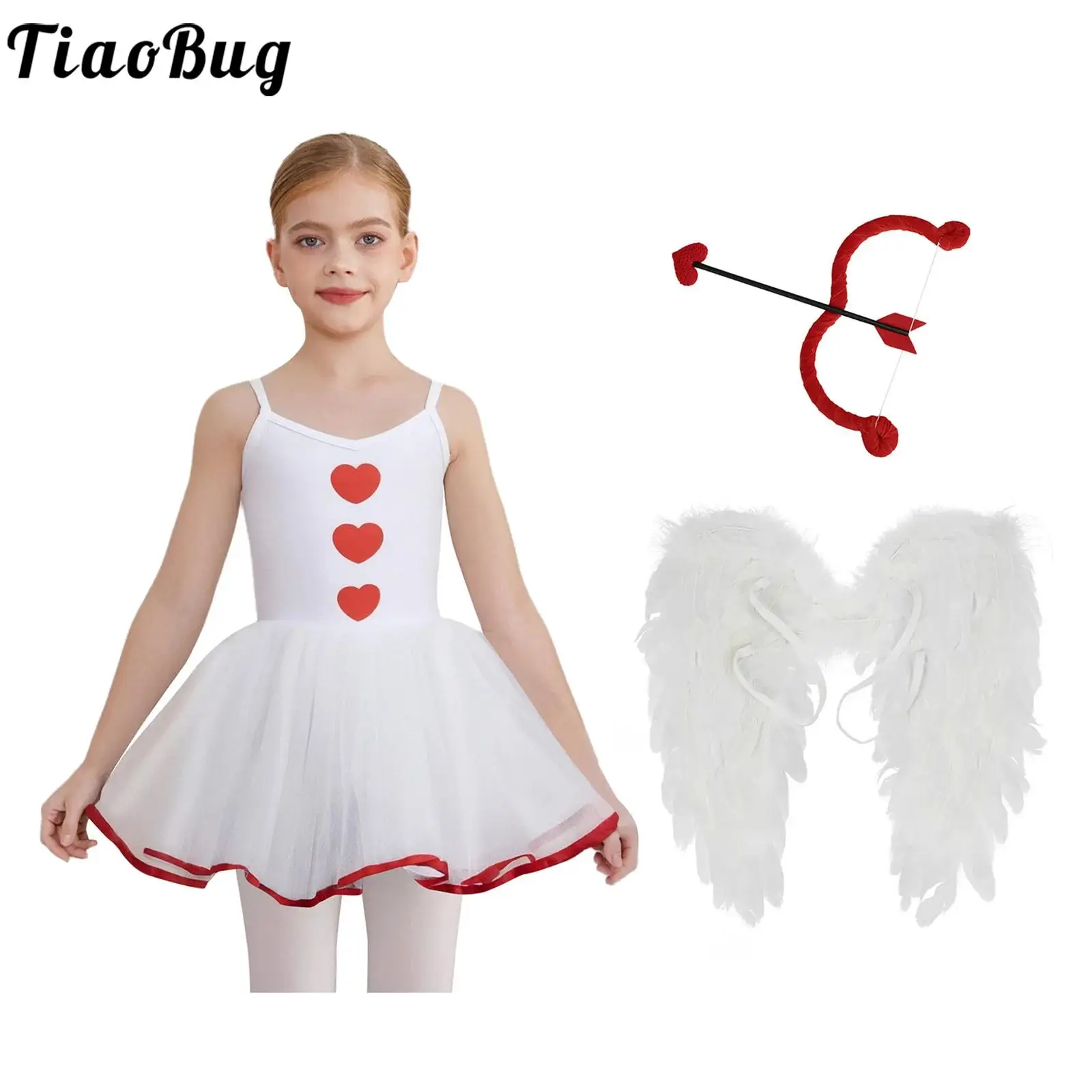 

Kids Girls 4Pcs Cupid Costume Angel Fancy Dress Up Sets Heart Print Mesh Puffy Skirt and Angel Wings Bow and Heart Shaped Arrow