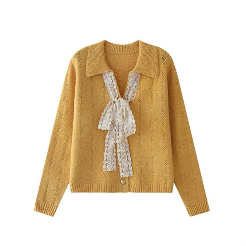 

French V-neck Bow Tie Yellow Lapel Sweater Women's Spring Autumn Long Sleeved Knitted Cardigan Sweater Coat Korean Knit Jacket