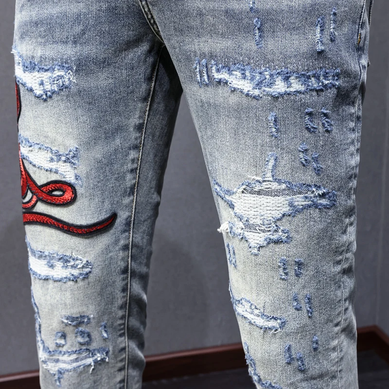 Street Fashion Men Jeans Retro Washed Blue Stretch Skinny Fit Patched Ripped Jeans Men Y2K Brand Designer Hip Hop Denim Pants