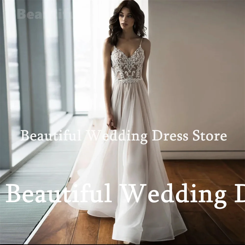 Beautiful Dress V-Neck Boho Wedding Dress Sexy Spaghetti Straps Zipper Back Long A-Line Bridal Dress Beach Formal Evening Dress