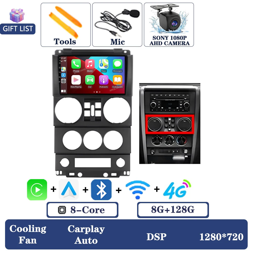 Android 16 autoradio voor Jeep Wrangler 3 JK 2008 - 2010 QLED multimediasysteem videospeler 2DIN Qualcomm 4G LTE 5G WIFI BT GPS