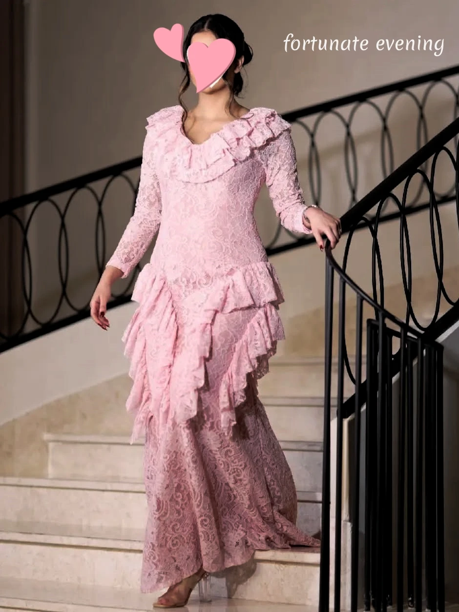 

Fortunate Evening Elegant Vintage Sweet Pink Mermaid Lace V-Neck New Customized Formal Occasion Prom Dress Evening Party Gowns
