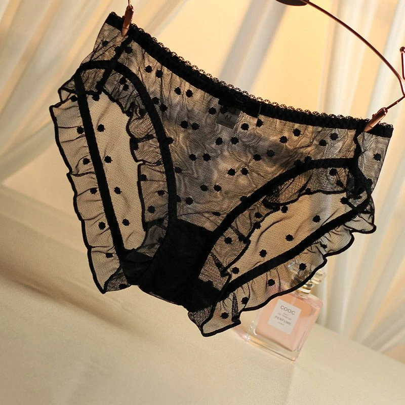 Japanese Style Polka Dot Low-rise Briefs Quick-drying Breathable Mesh Lace Sexy Underwear Women's Sweet Cotton Crotch Panties