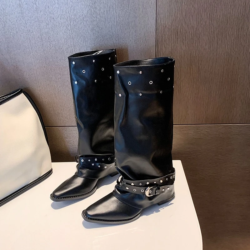 Belt Buckle Retro Rivet High Boots for Women Pointed Toe Non-slip Thick Heels