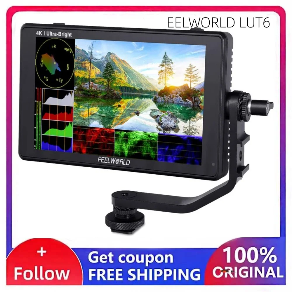FEELWORLD LUT6 6 Inch 2600nits HDR 3D LUT Touch Screen DSLR Camera Field Monitor with Waveform VectorScope Histogram 4K HDMI